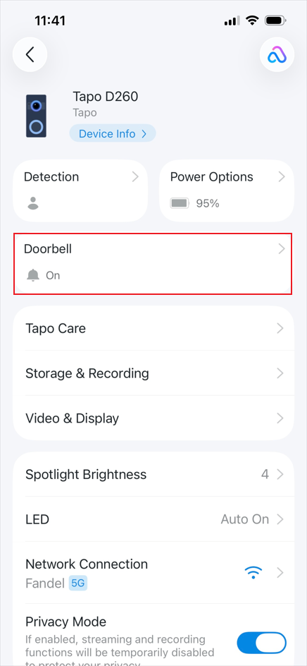 Tap Doorbell from the Doorbell Device Settings page.