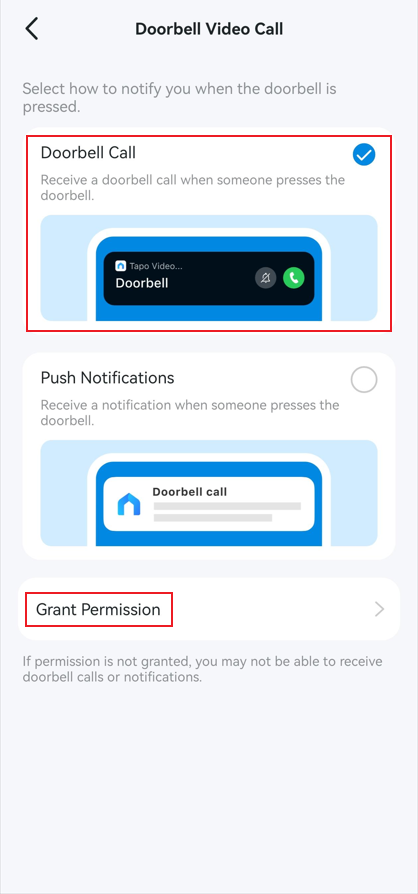 Enable Doorbell Call and grant all required permissions.