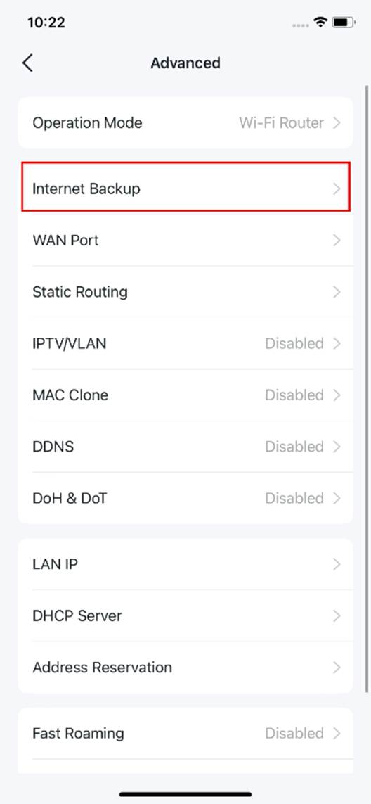 ALT-Text: Position der Funktion Internet Backup auf der Seite.
