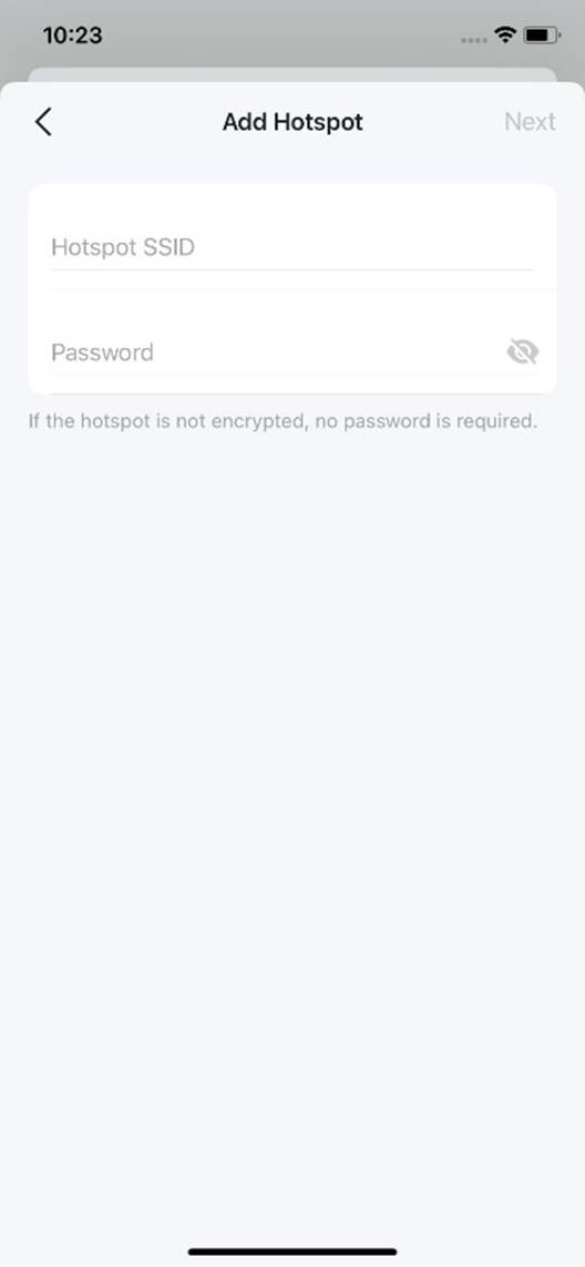 ALT-Text: Leere Felder zur Eingabe des Hotspot-Netzwerknamens und Passworts.