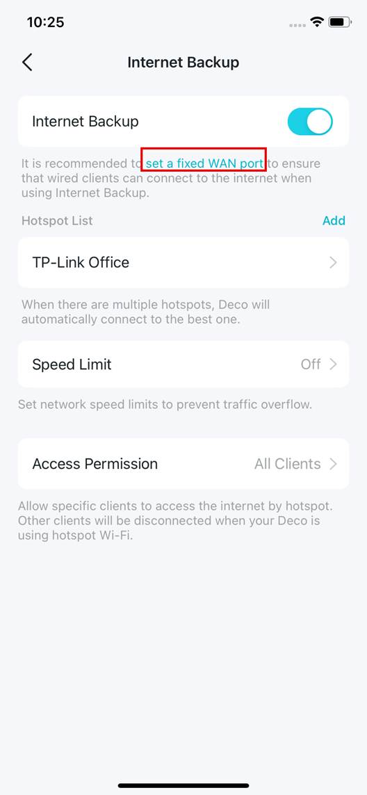 ALT-Text: Anzeige der Internet-Backup-Einstellungen und der Position zum Festlegen eines festen WAN-Ports.
