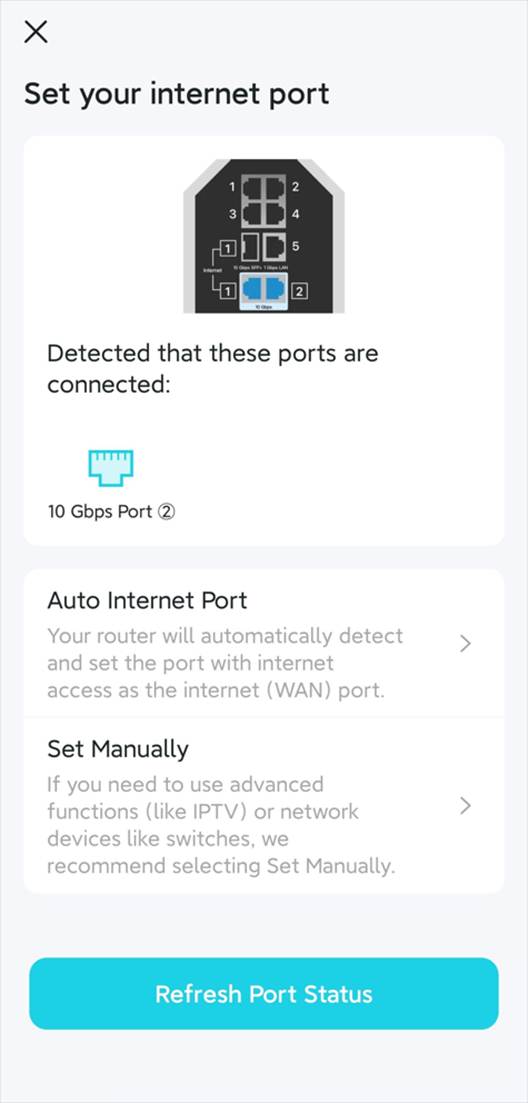 ALT-Text: Schnelleinrichtungsoberfläche zum Festlegen des Internetports mit den drei Optionen Auto Internet Port, Set Manually und Refresh Port Status.