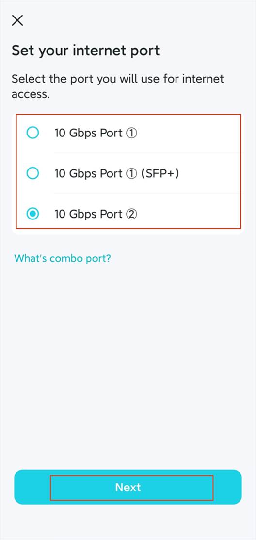ALT-Text: Oberfläche Set Manually mit drei auswählbaren 10-Gbit/s-Ports und einer Next-Schaltfläche.
