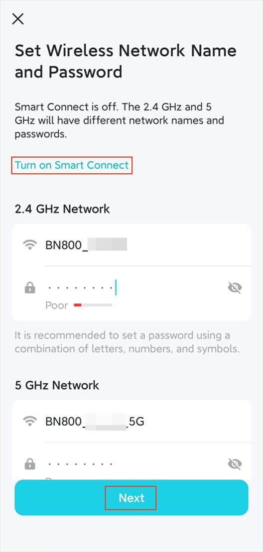 ALT-Text: Schnelleinrichtungsoberfläche mit der Option Turn on Smart Connect sowie Feldern für Wi-Fi-Name und Passwort für 2,4 GHz und 5 GHz.