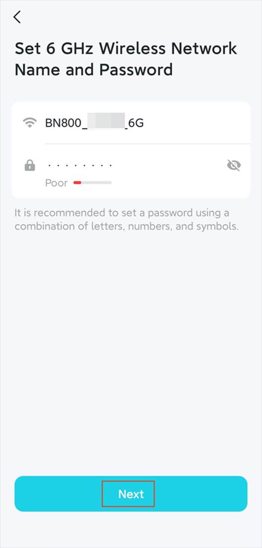 ALT-Text: Schnelleinrichtungsoberfläche mit Feldern für Wi-Fi-Name und Passwort für 6 GHz.
