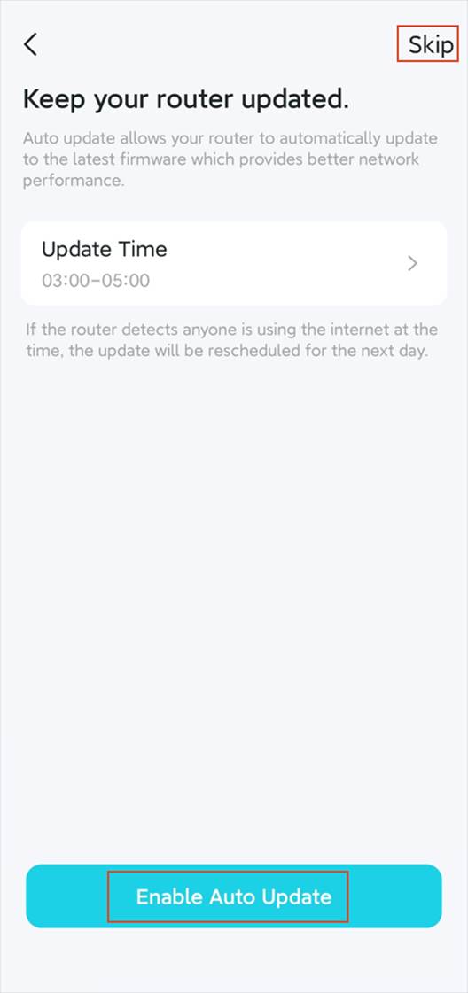 ALT-Text: Schnelleinrichtungsoberfläche mit der Option Update Time sowie den Schaltflächen Enable Auto Update und Skip.
