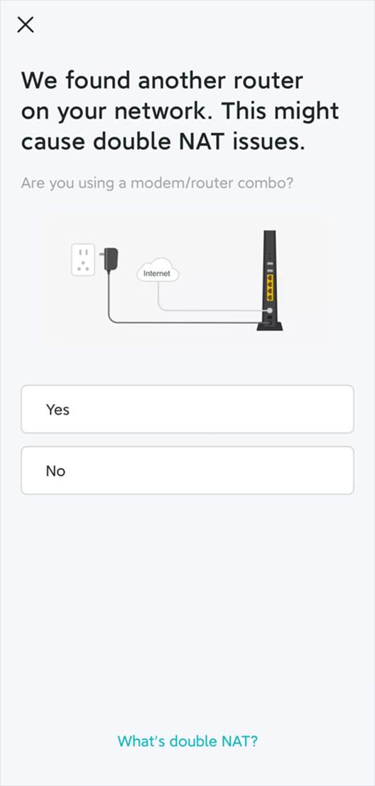 ALT-Text: Schnelleinrichtungsoberfläche mit der Frage, ob eine Modem/Router-Kombination verwendet wird, und den drei Optionen Yes, No und What’s double NAT.