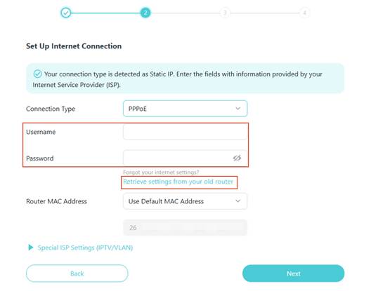 ALT-Text: Schnelleinrichtungsoberfläche mit PPPoE als ausgewähltem Verbindungstyp, Feldern für Benutzername und Passwort sowie der Option zum Übernehmen der Einstellungen vom alten Router.