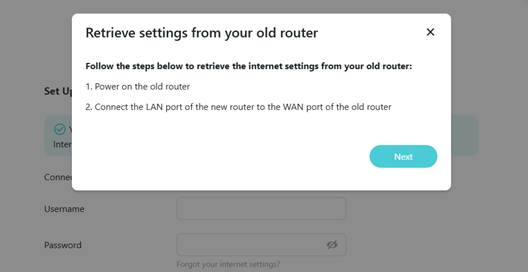 ALT-Text: Anleitung zum Übernehmen der Einstellungen vom alten Router mit einer Next-Schaltfläche.