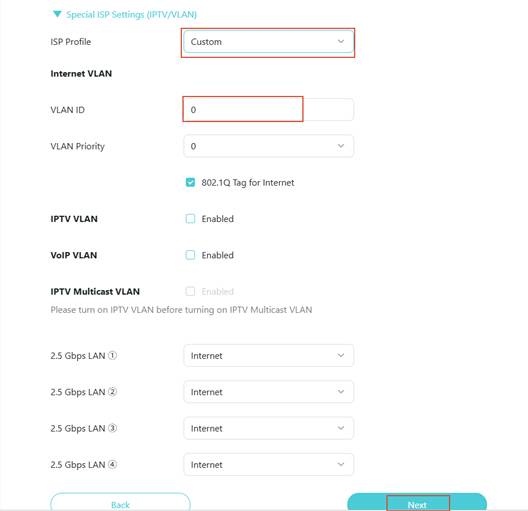 ALT-Text: IPTV/VLAN-Oberfläche mit Custom als ausgewähltem Modus, einem Feld Internet VLAN ID und einer Next-Schaltfläche.