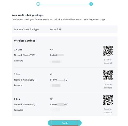 ALT-Text: Schnelleinrichtungsoberfläche mit Internet Connection Type, Wi-Fi-Namen und Passwörtern für 2,4 GHz, 5 GHz und 6 GHz sowie einer Finish-Schaltfläche.