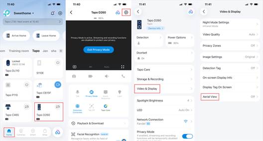 ALT-Text: Abbildung des Pfads zum Aktivieren von Aerial View in der Tapo-App.