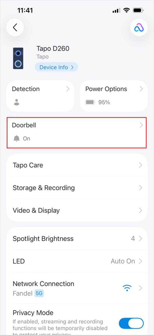 ALT-Text: Tippen Sie auf der Seite mit den Geräteeinstellungen der Türklingel auf Doorbell.