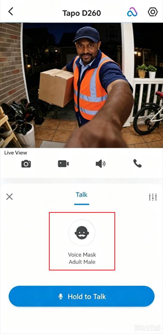 ALT-Text: Tippen Sie nach Auswahl von Talk auf Voice Mask und wählen Sie Adult Male.