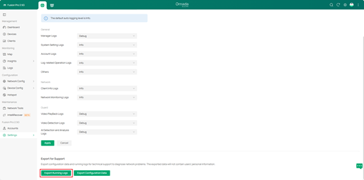 ALT-Text: Omada Fusion Pro-Seite Diagnostics mit der Schaltfläche Export Running Logs.