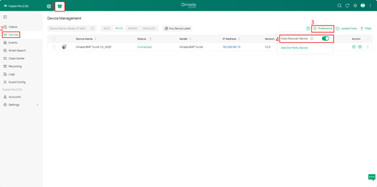 ALT-Text: Omada Guard-Seite Devices mit aktiviertem Auto Discover Device unter Preference.