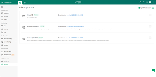 ALT-Text: Omada Fusion Pro-Seite OS & Applications mit den aktuellen Omada OS- und Anwendungsversionen.