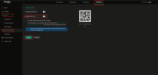 ALT-Text: Omada NVR-Seite Platform Access mit deaktiviertem Schalter Enable Inform URL und der Schaltfläche Apply.