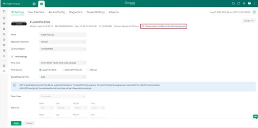 ALT-Text: Omada Fusion Pro-Seite OS Settings mit dem Hinweis, dass Device Remote Management aktiviert werden muss, damit die URL angezeigt wird.