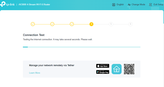 ALT-Text: Screenshot des Bildschirms „Verbindungstest“ mit Fortschrittsbalken.