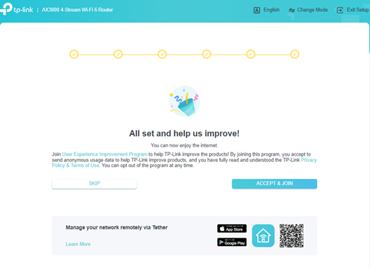 ALT-Text: Screenshot des Bildschirms „Alles eingerichtet – helfen Sie uns, besser zu werden!“ mit der Option zur Teilnahme am Programm zur Verbesserung der Benutzererfahrung und einem Hinweis zum Herunterladen der Tether-App.