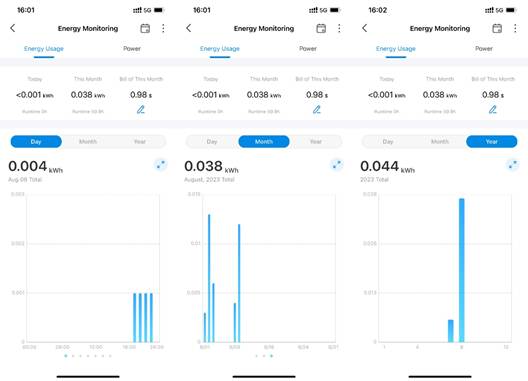 ALT-Text: Screenshot mit Energy Usage Graph nach Tag, Monat und Jahr.