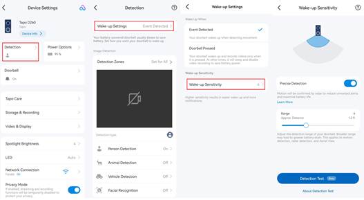 ALT-Text: Abbildung des Pfads zum Aktivieren von Precise Detection und Anpassen der Detection Range bei einem Gerät mit PIR- und Radarsensor.