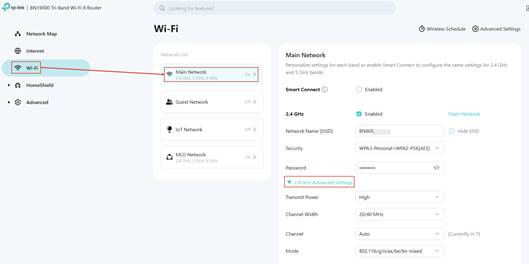 ALT-Text: Seite Main Network mit WLAN-Einstellungen wie Smart Connect, 2,4-GHz-Schalter, Hide-SSID-Schalter, Name, Passwort, Kanal und Kanalbreite.
