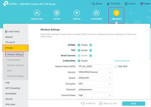 ALT-Text: Seite mit den WLAN-Einstellungen in der Webverwaltung.