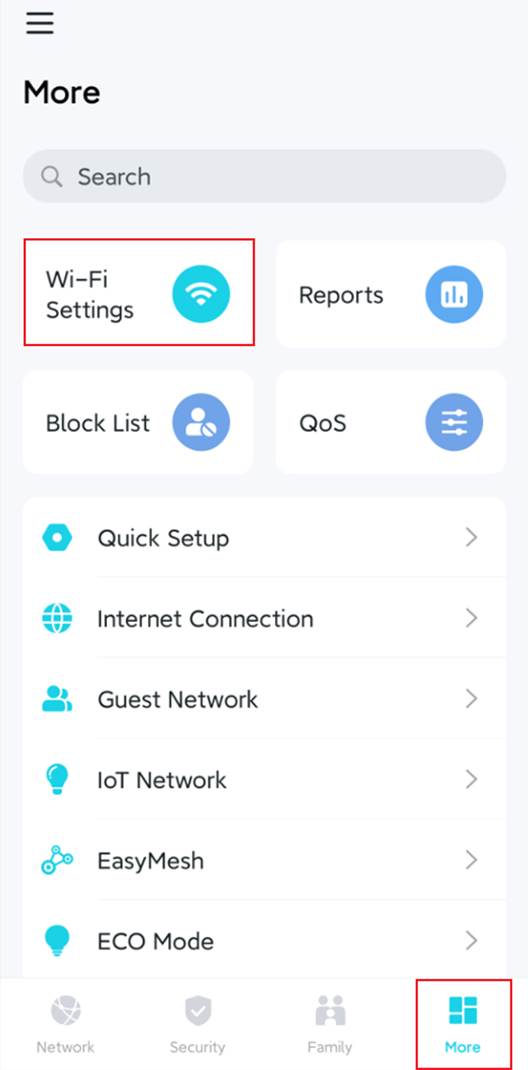 ALT-Text: Position der Wi-Fi-Einstellungen auf der Seite „Mehr“.