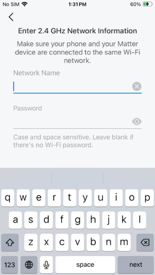 ALT-Text: Geben Sie in der Tapo-App den Namen und das Passwort des Wi-Fi-Netzwerks ein.