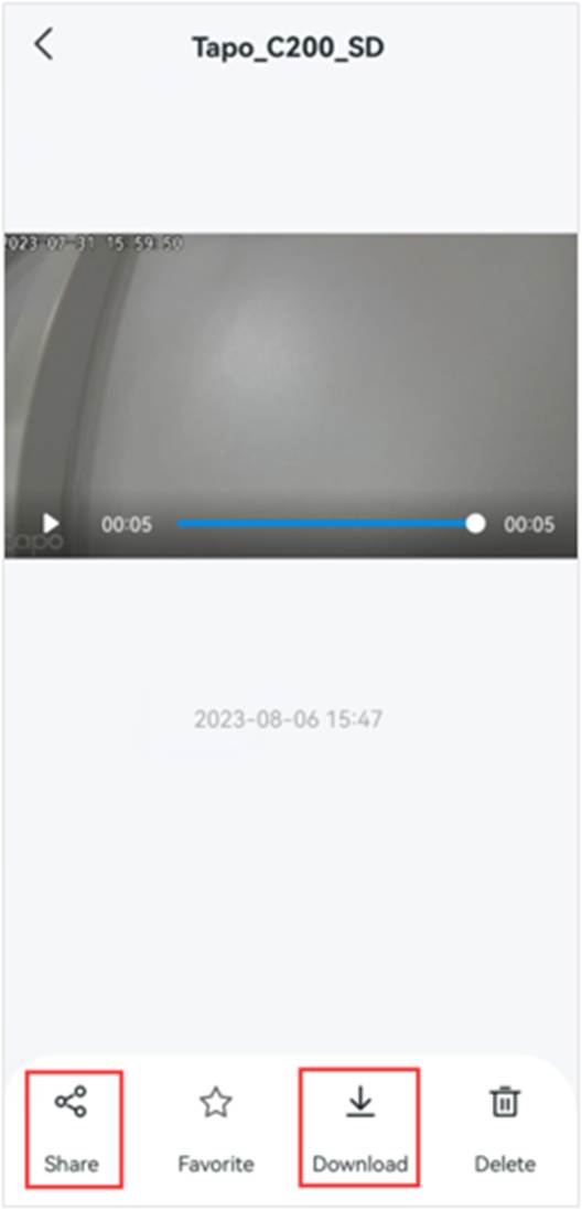ALT-Text: Video-Detailansicht mit den Schaltflächen Share und Download.