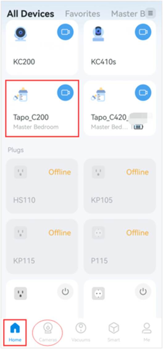 ALT-Text: Startseite der Tapo-App mit einer bestimmten Kamera und hervorgehobener Registerkarte Cameras.