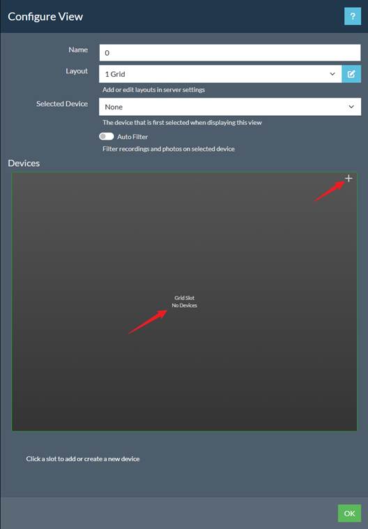 ALT-Text: Bildschirm Configure View in Agent DVR mit der +-Schaltfläche zum Hinzufügen eines neuen Geräts.
