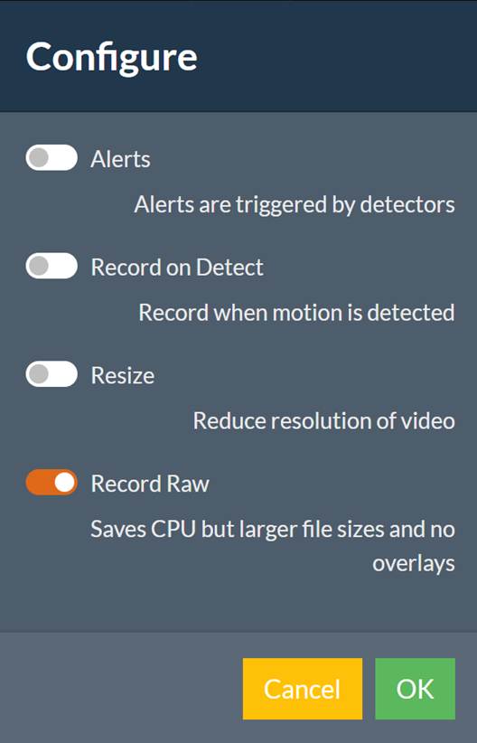 ALT-Text: Bildschirm Configure in Agent DVR mit Schaltern für Alerts, Record on Detect, Resize und Record Raw.