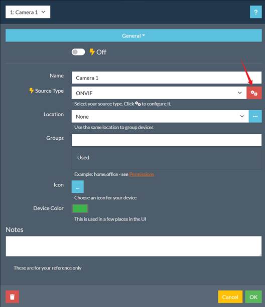 ALT-Text: Allgemeine Einstellungen für Camera 1 in Agent DVR mit ONVIF als Source Type und Zahnradsymbol für die Konfiguration.