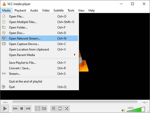 ALT-Text: VLC Media Player mit geöffnetem Menü Media und hervorgehobener Option Open Network Stream.
