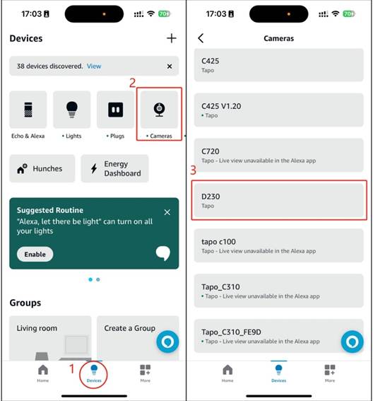 ALT-Text: Öffnen Sie in der Alexa-App die Seite Geräte, wählen Sie Kameras und tippen Sie anschließend auf die Gerätekarte Ihrer Türklingel.
