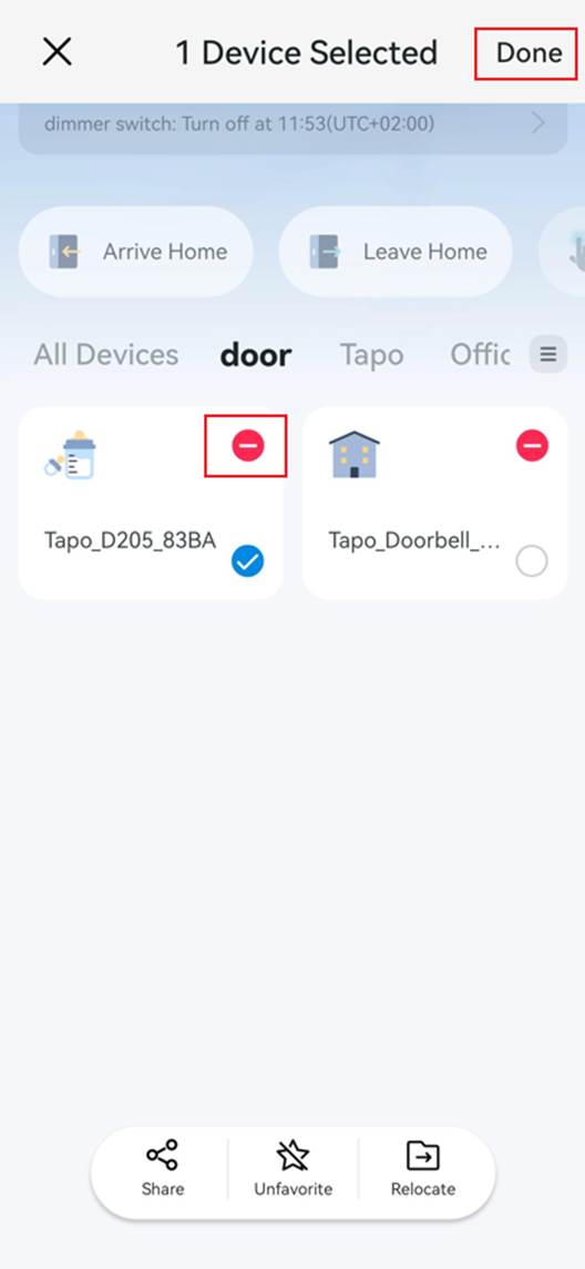 ALT-Text: Startseite der Tapo-App mit hervorgehobenem Minus-Symbol auf der Gerätekarte einer Türklingel.