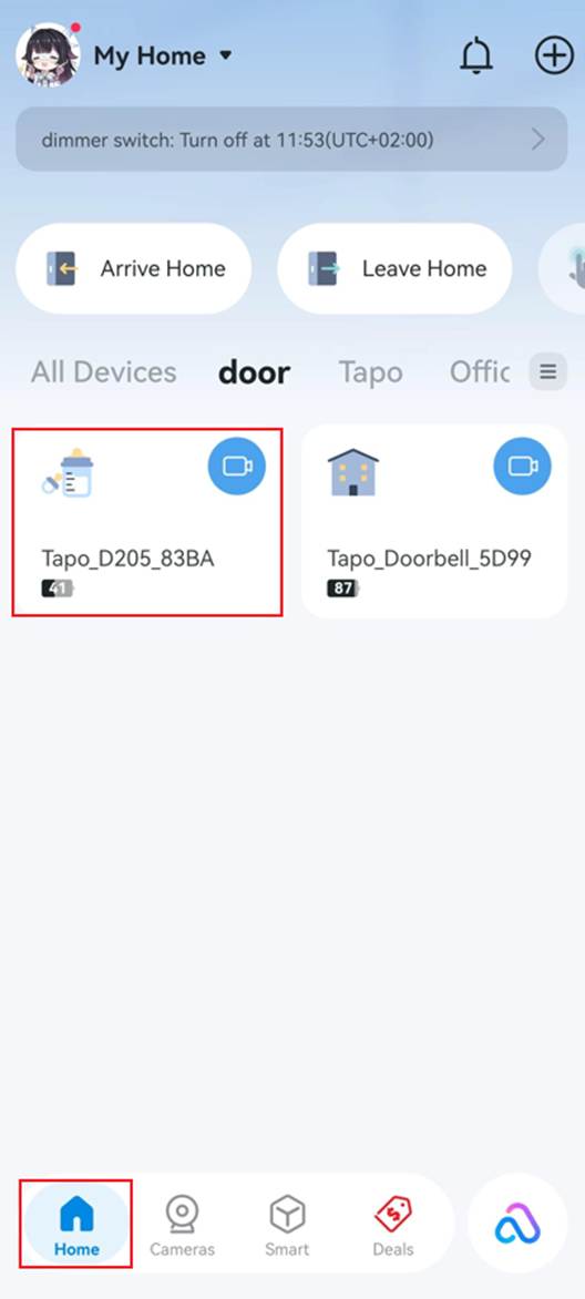 ALT-Text: Startseite der Tapo-App mit hervorgehobener Gerätekarte einer Türklingel.