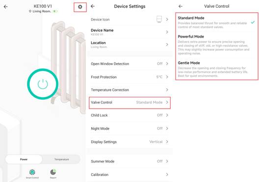 ALT-Text: Seite Valve Control mit Standard Mode, Powerful Mode und Gentle Mode in der Kasa-App.