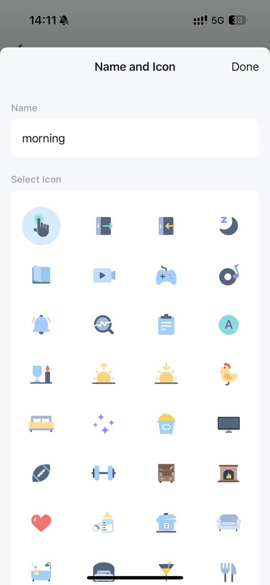 ALT-Text: Aktion umbenennen und Symbol auswählen.
