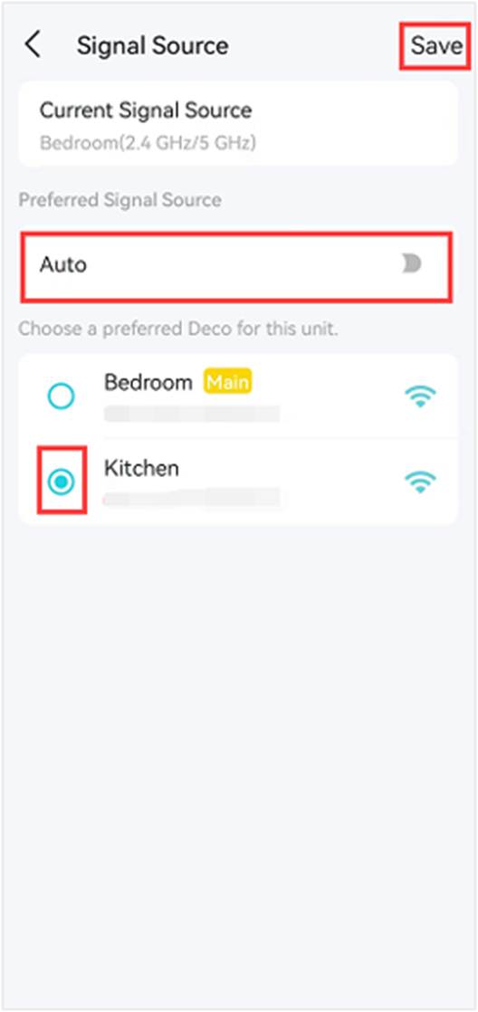 ALT-Text: Seite Signal Source mit aktueller Quelle und Option zur Auswahl einer bevorzugten Signalquelle.