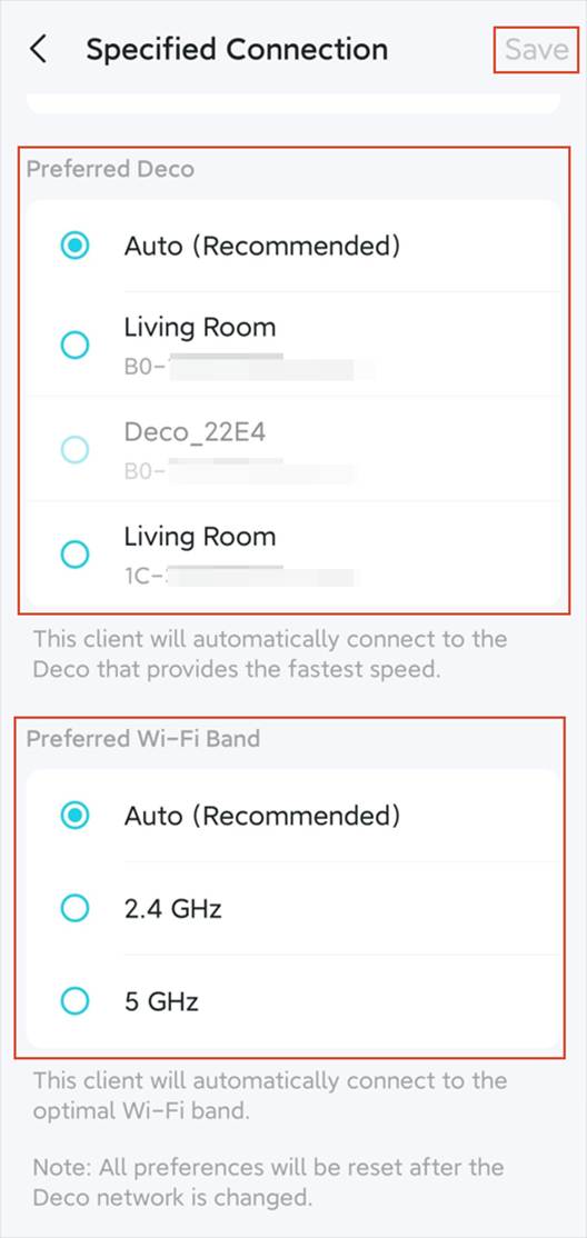 ALT-Text: Seite Specified Connection mit Optionen zur Auswahl eines bevorzugten Deco und Wi-Fi-Bands.