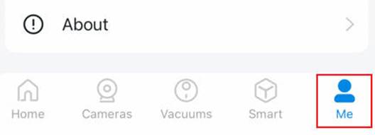 ALT-Text: Untere Navigationsleiste der Tapo-App mit rot hervorgehobener Registerkarte Me.