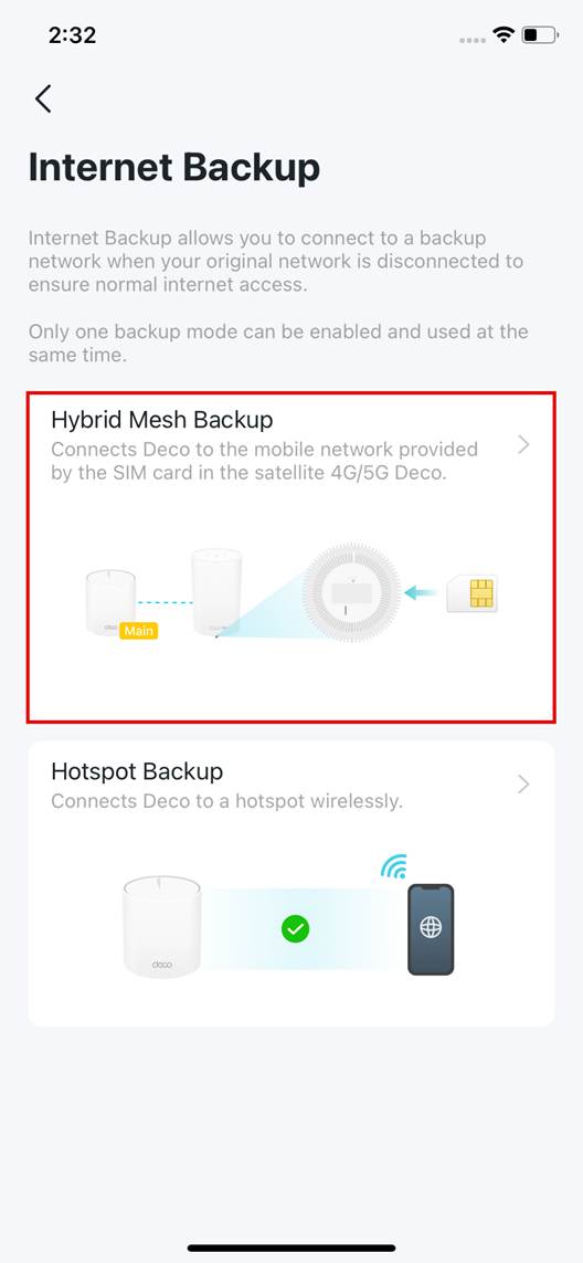 ALT-Text: Suchen Sie auf der Seite die Funktion Hybrid Mesh Backup.