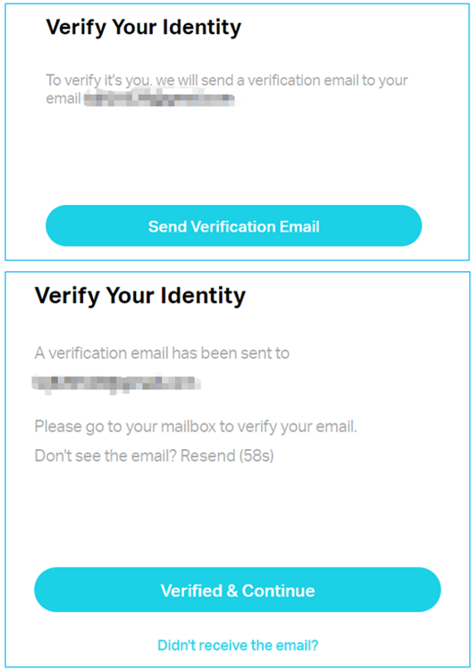 ALT-Text: Zweigeteilte Ansicht „Verify Your Identity“ mit der Schaltfläche Send Verification Email und dem anschließenden Status mit der Schaltfläche Verified & Continue.