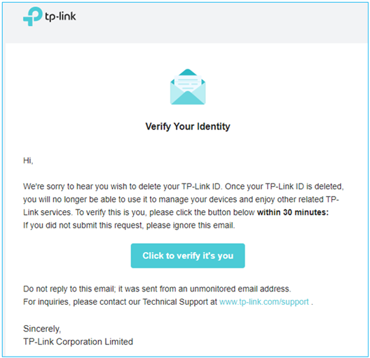 ALT-Text: TP-Link-Verifizierungs-E-Mail mit der Schaltfläche Click to verify it's you, um den Antrag auf Kontolöschung innerhalb von 30 Minuten zu bestätigen.