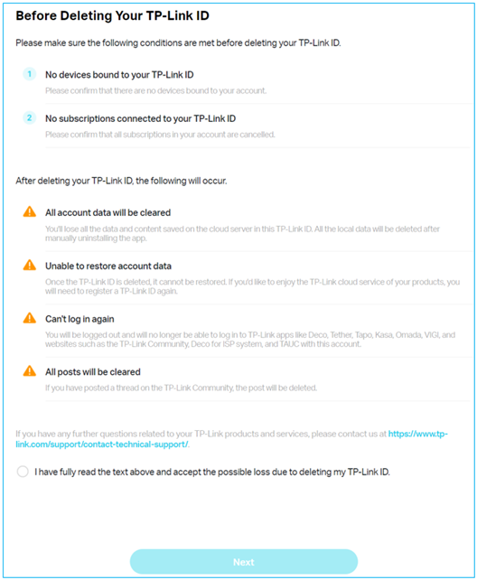 ALT-Text: Seite „Before Deleting Your TP-Link ID“ mit den erforderlichen Bedingungen und Folgen sowie einem Kontrollkästchen zur Zustimmung und einer Next-Schaltfläche.