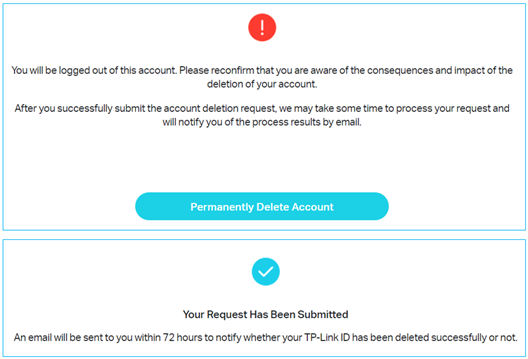 ALT-Text: Zweigeteilte Ansicht mit der Bestätigungsschaltfläche Permanently Delete Account und der Erfolgsmeldung Your Request Has Been Submitted.
